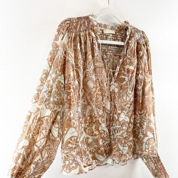 Ulla Johnson Ida Printed Cotton Blend Puff Sleeve Split-Neck Blouse Feldspar 2 - Picture 7 of 10
